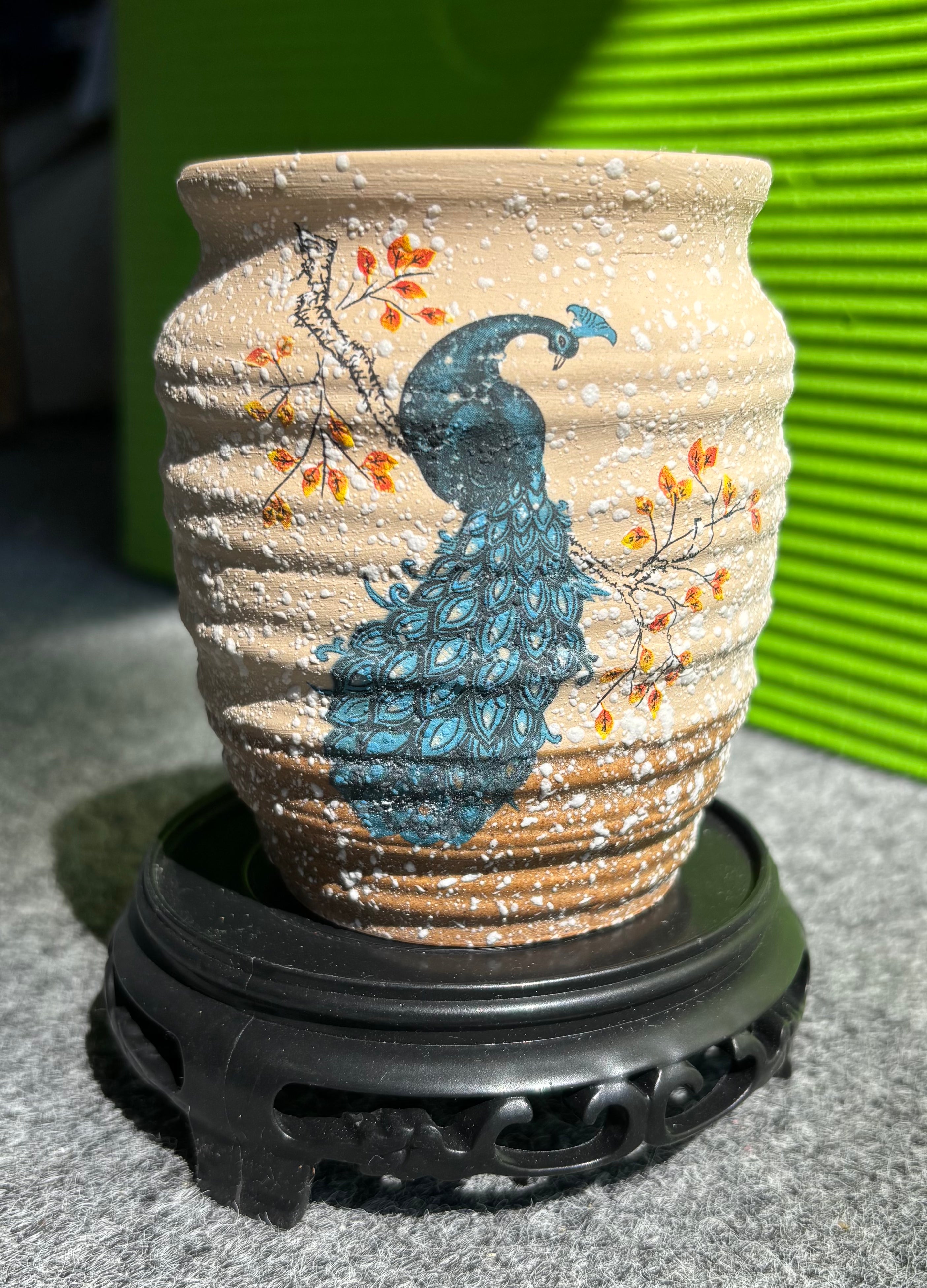 Elegant Clay Pot with Peacock Design-1