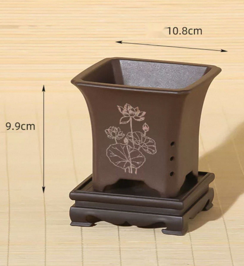 Square Resin Planter with Lotus Design + Stand